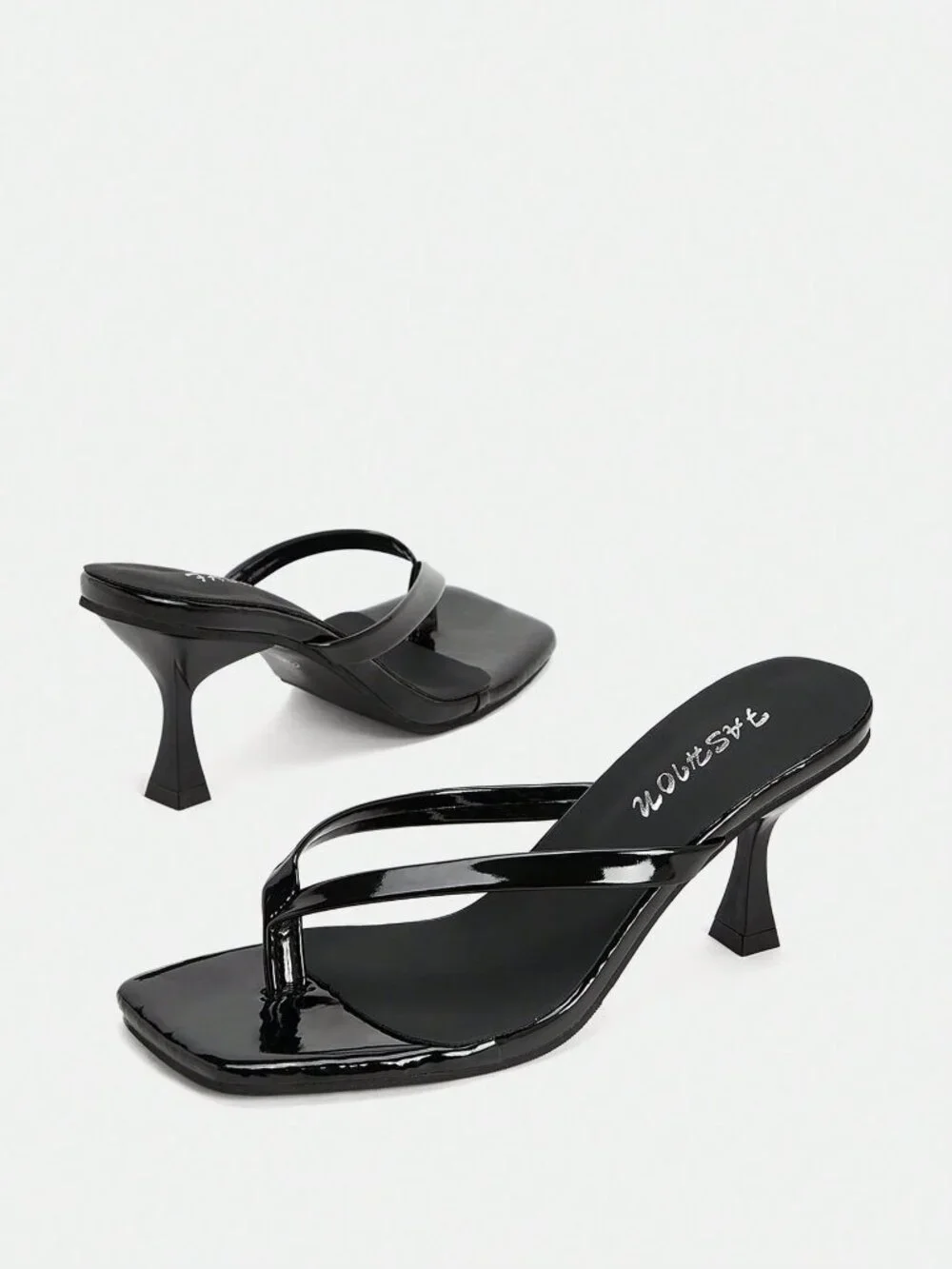 Black Elegant Women's High Heel Flip Flops, Criss-Cross Strap, Square Toe